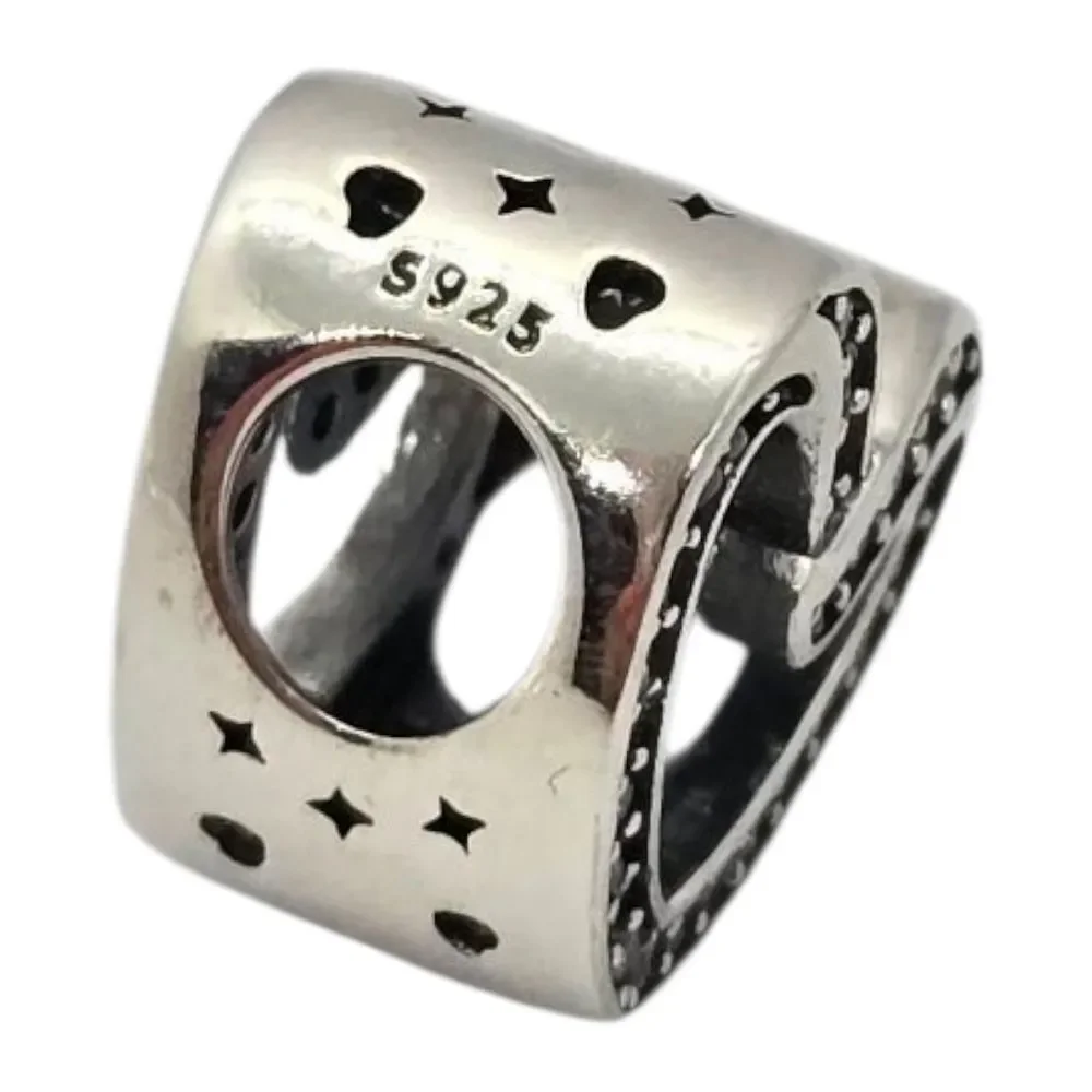Rhinestone Heart Charm S925 Sterling Silver Slide-On Bracelet Pendant Jewelry
